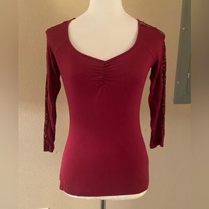 Burgundy Blouse with Floral Laced Sleeves
